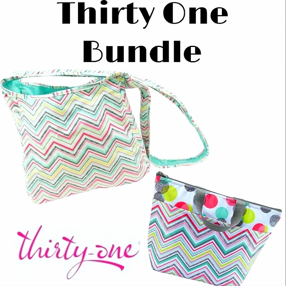 Thirty One Bundle Thermal Lunch Tote and Reversible Tote Bag Party Punch